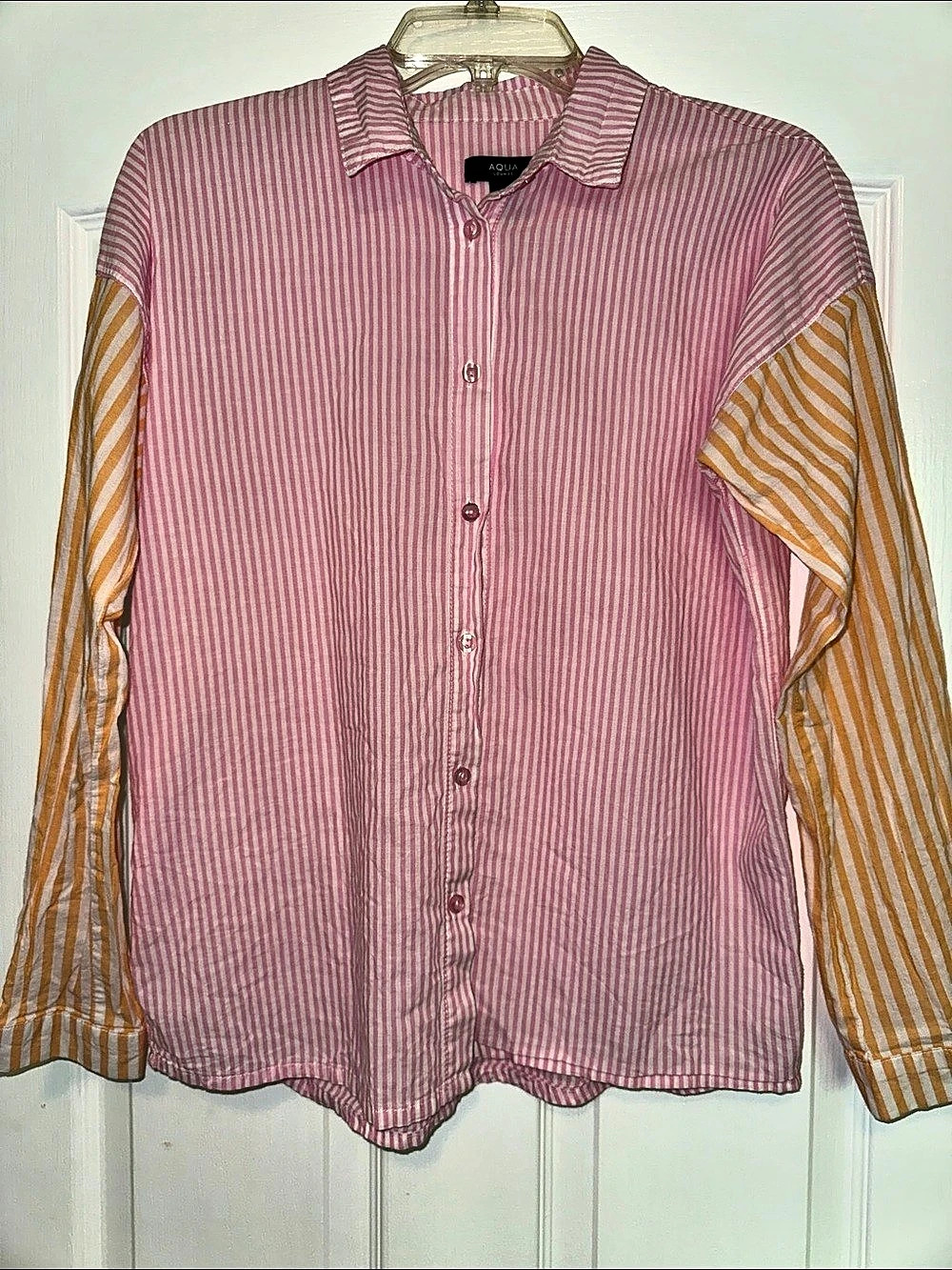 Aqua Striped Color Block Button Down Shirt in Pink & Orange